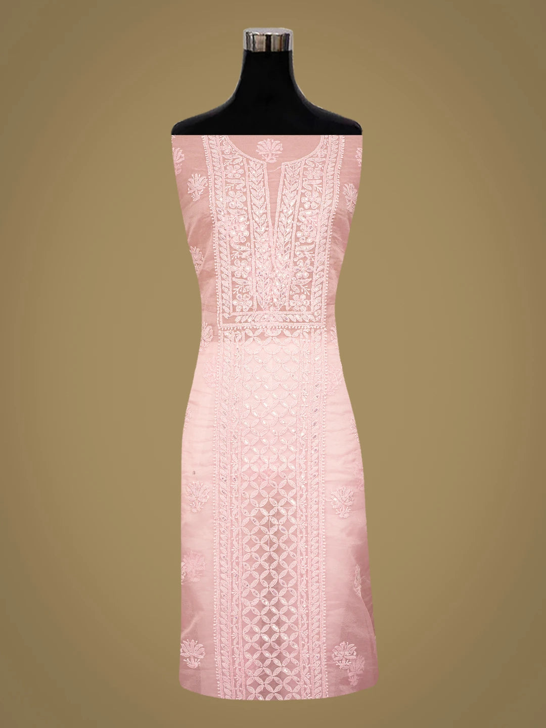 Ada Hand Embroidered Pink Organza Lucknowi Chikankari Unstitched Kurta Dupatta Set With Sequinned Work 01A718566