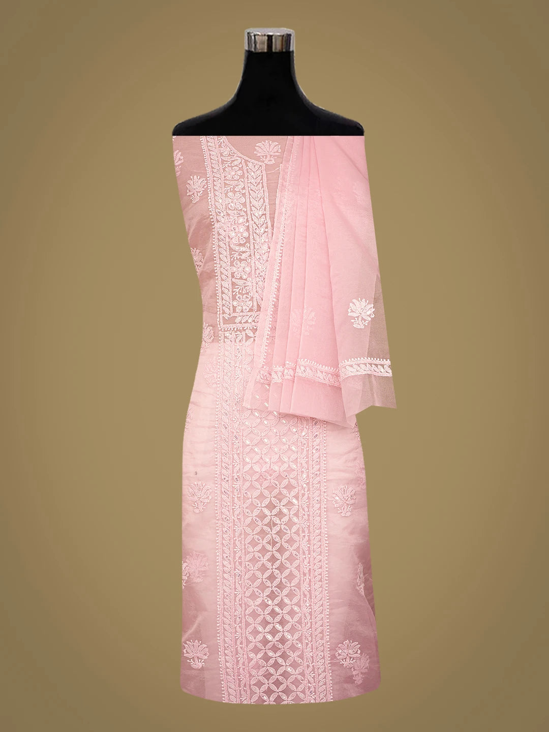 Ada Hand Embroidered Pink Organza Lucknowi Chikankari Unstitched Kurta Dupatta Set With Sequinned Work 01A718566