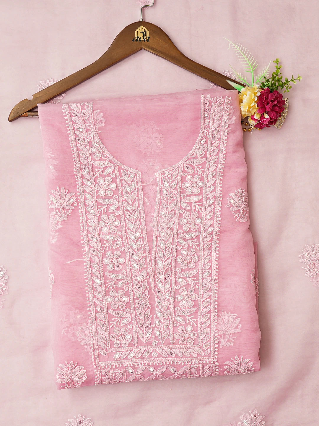 Ada Hand Embroidered Pink Organza Lucknowi Chikankari Unstitched Kurta Dupatta Set With Sequinned Work 01A718566