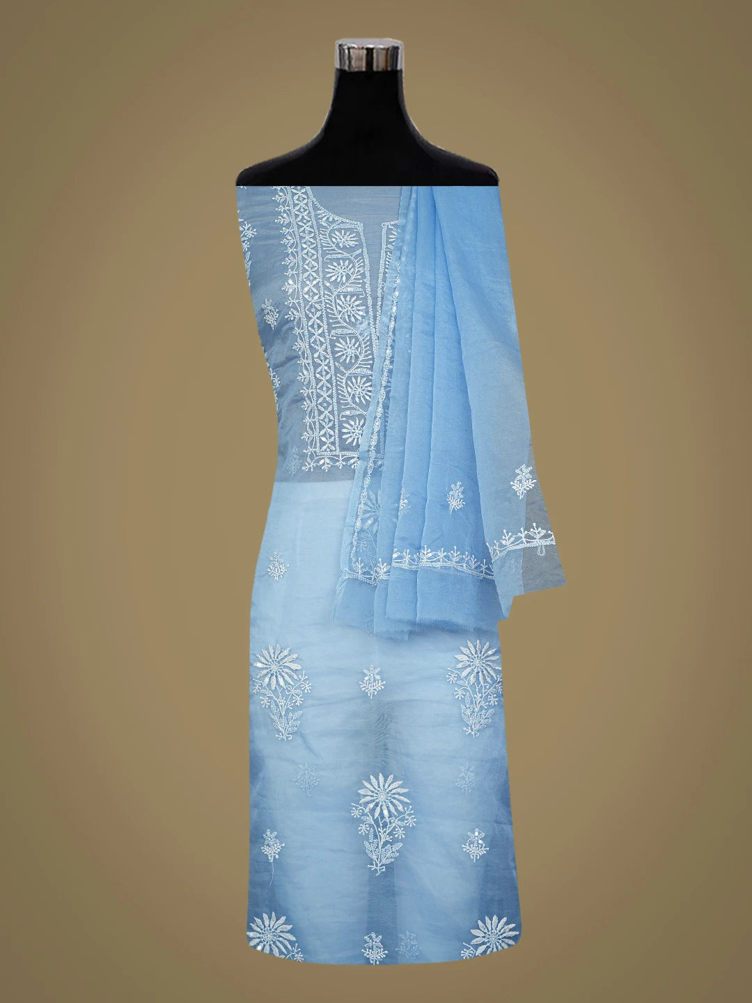 Ada Hand Embroidered Blue Organza Lucknowi Chikankari Unstitched Kurta Dupatta Set With Sequinned Work 01A707873