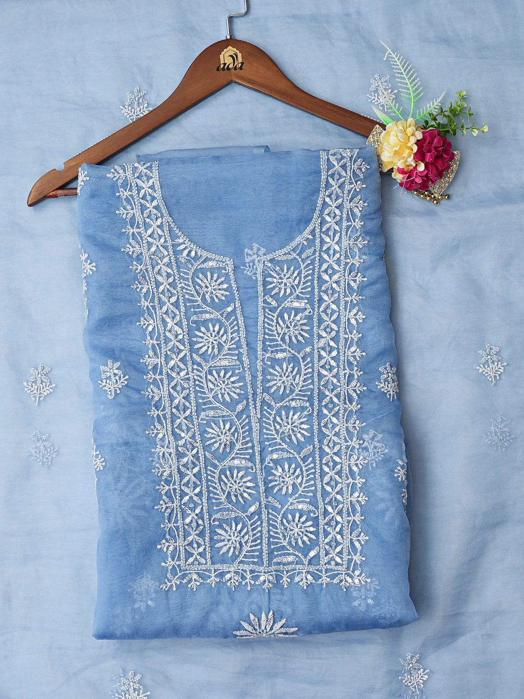 Ada Hand Embroidered Blue Organza Lucknowi Chikankari Unstitched Kurta Dupatta Set With Sequinned Work 01A707873