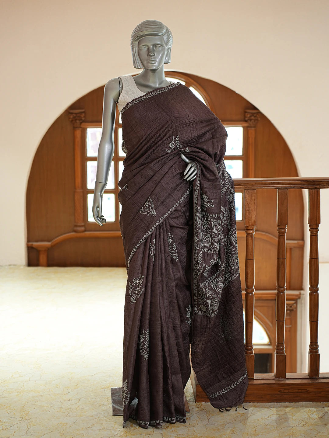 Ada Hand Embroidered Coffee Brown Tussar Silk Lucknowi Chikankari Saree and Blouse 01A645764