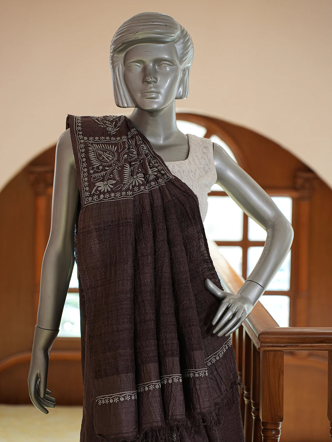 Ada Hand Embroidered Coffee Brown Tussar Silk Lucknowi Chikankari Saree and Blouse 01A645764