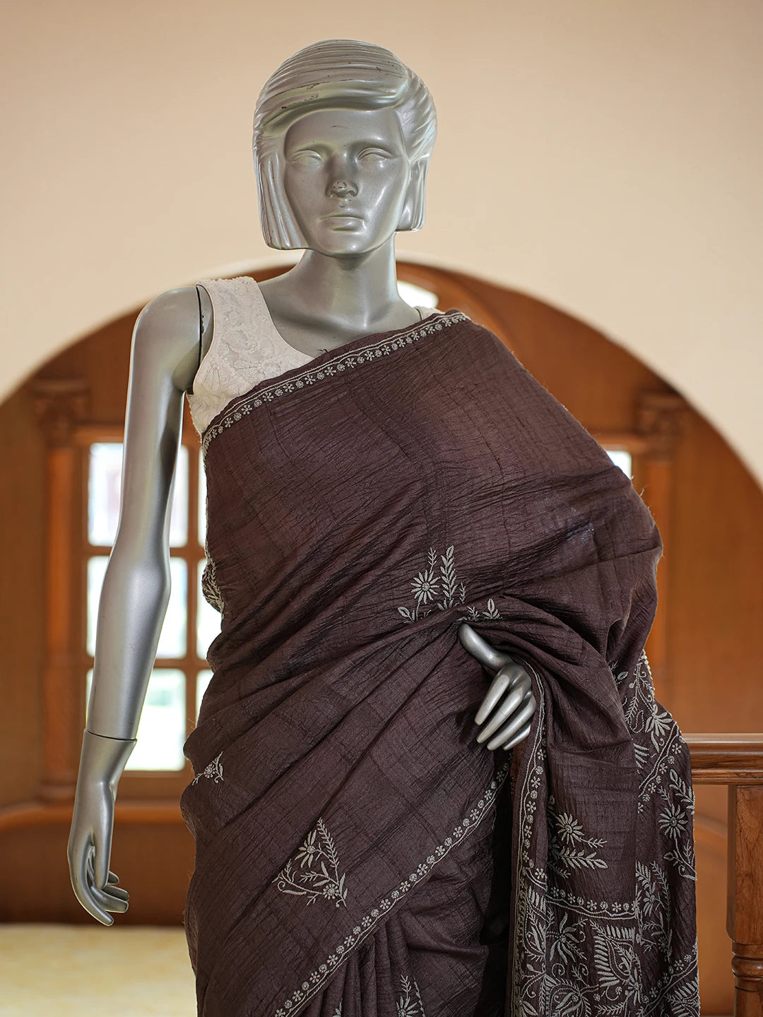 Ada Hand Embroidered Coffee Brown Tussar Silk Lucknowi Chikankari Saree and Blouse 01A645764