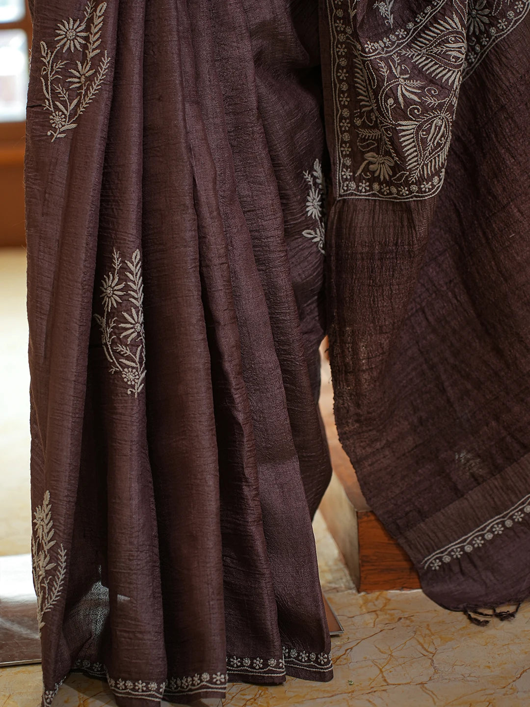 Ada Hand Embroidered Coffee Brown Tussar Silk Lucknowi Chikankari Saree and Blouse 01A645764