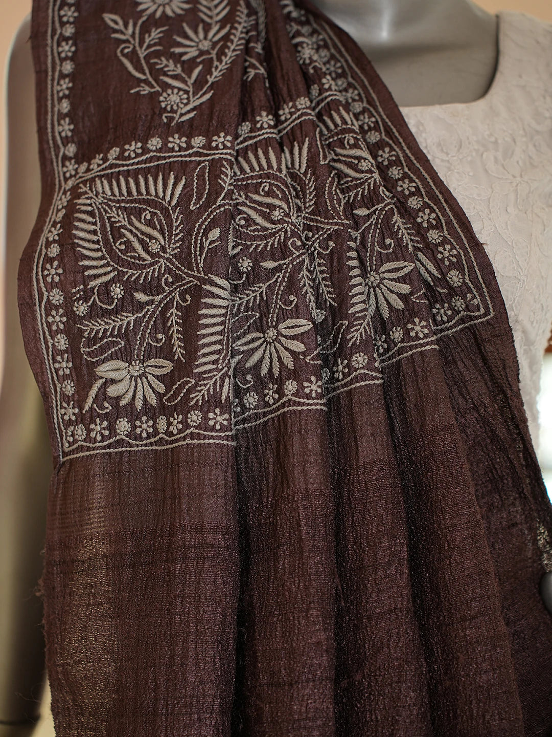 Ada Hand Embroidered Coffee Brown Tussar Silk Lucknowi Chikankari Saree and Blouse 01A645764