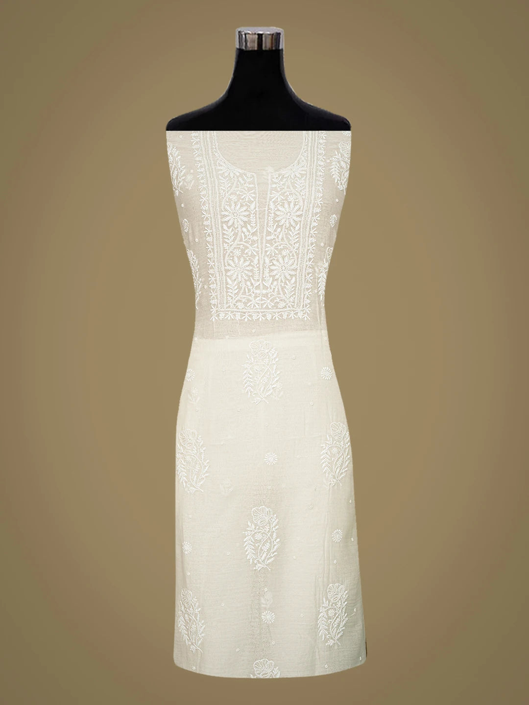 Ada Hand Embroidered White Chanderi Lucknowi Chikankari Unstitched Kurta Dupatta Set With Pearl Work 01A737816