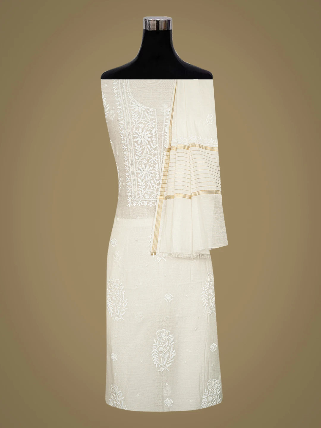 Ada Hand Embroidered White Chanderi Lucknowi Chikankari Unstitched Kurta Dupatta Set With Pearl Work 01A737816