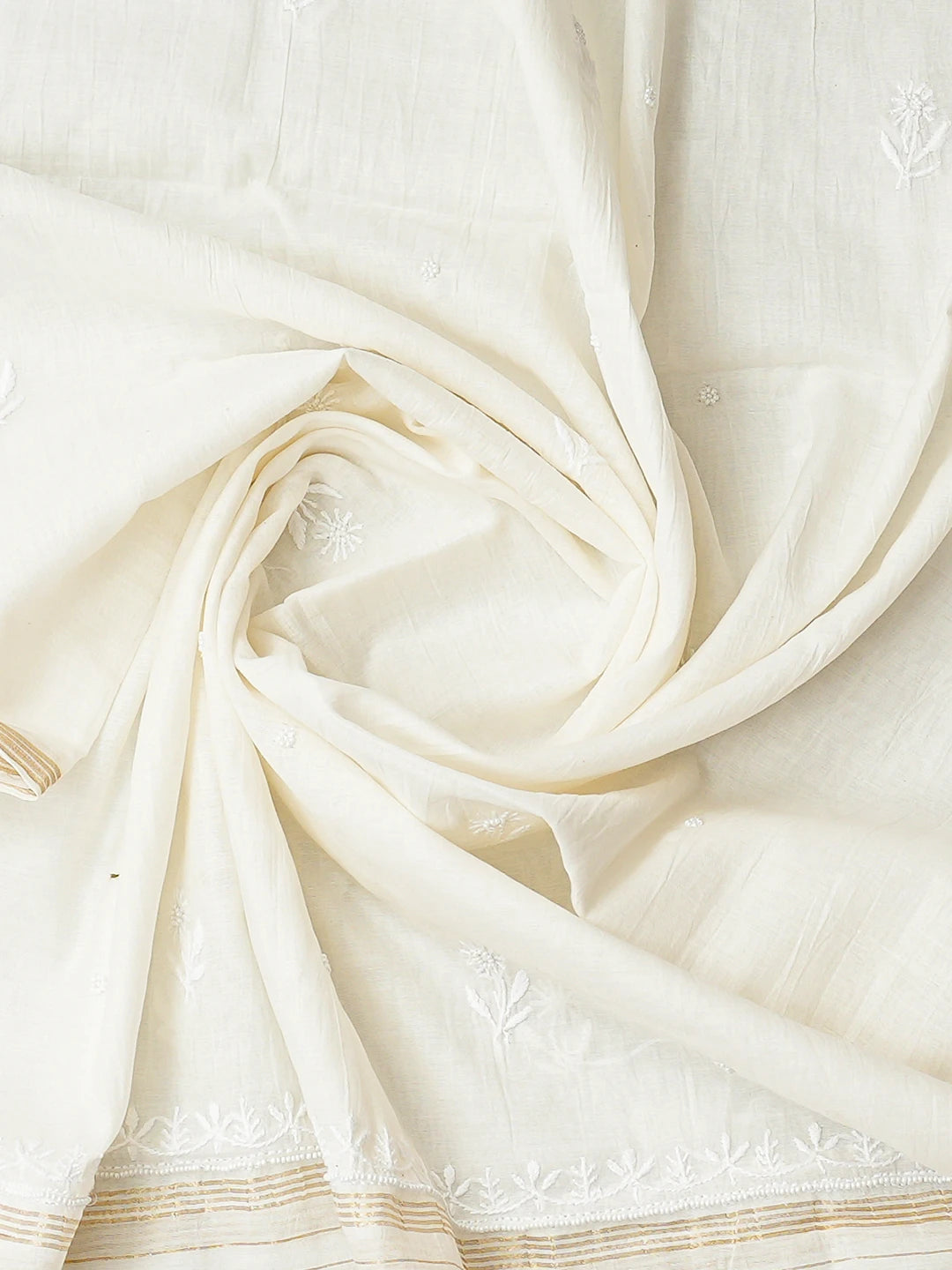 Ada Hand Embroidered White Chanderi Lucknowi Chikankari Unstitched Kurta Dupatta Set With Pearl Work 01A737816