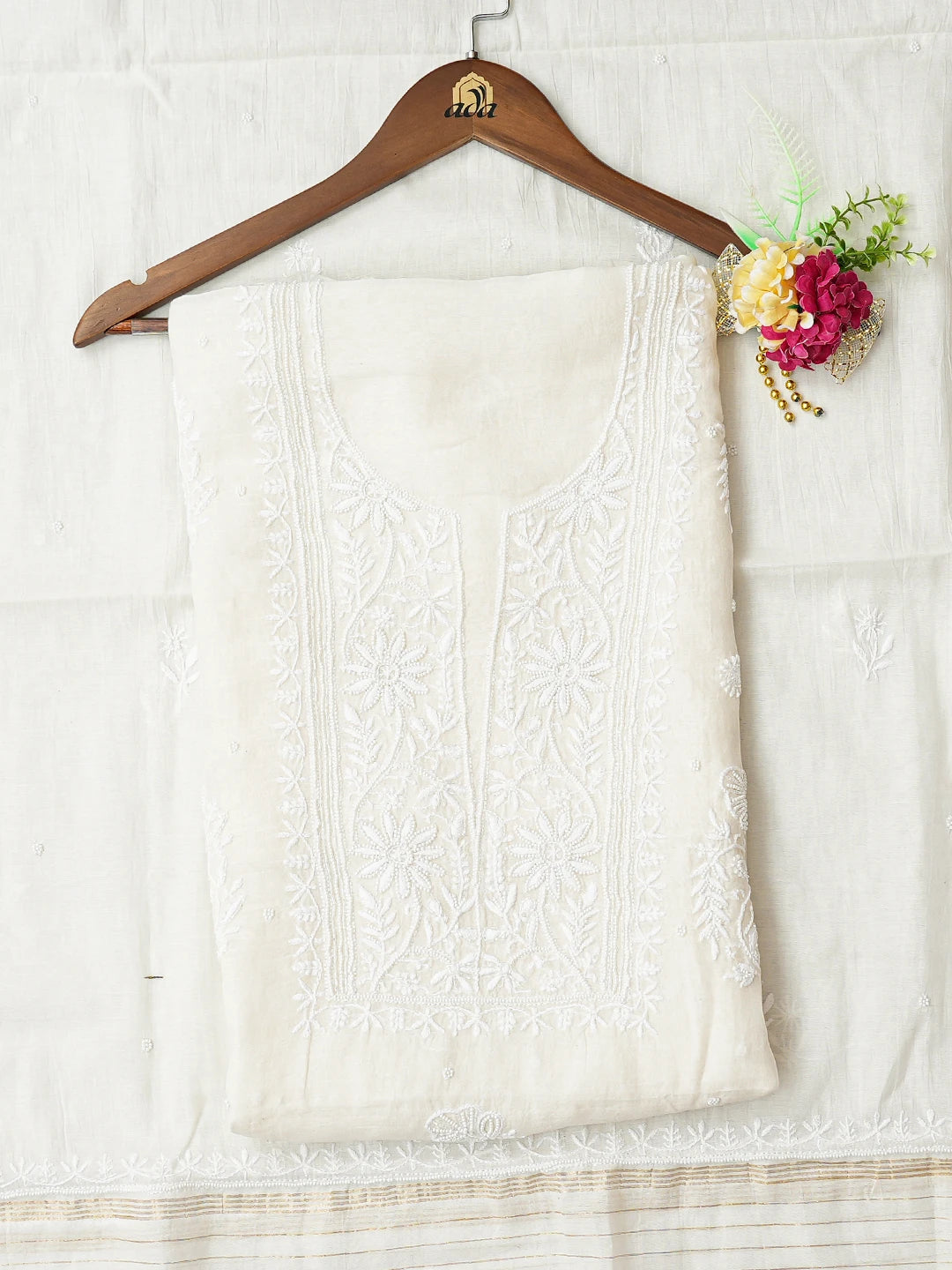 Ada Hand Embroidered White Chanderi Lucknowi Chikankari Unstitched Kurta Dupatta Set With Pearl Work 01A737816