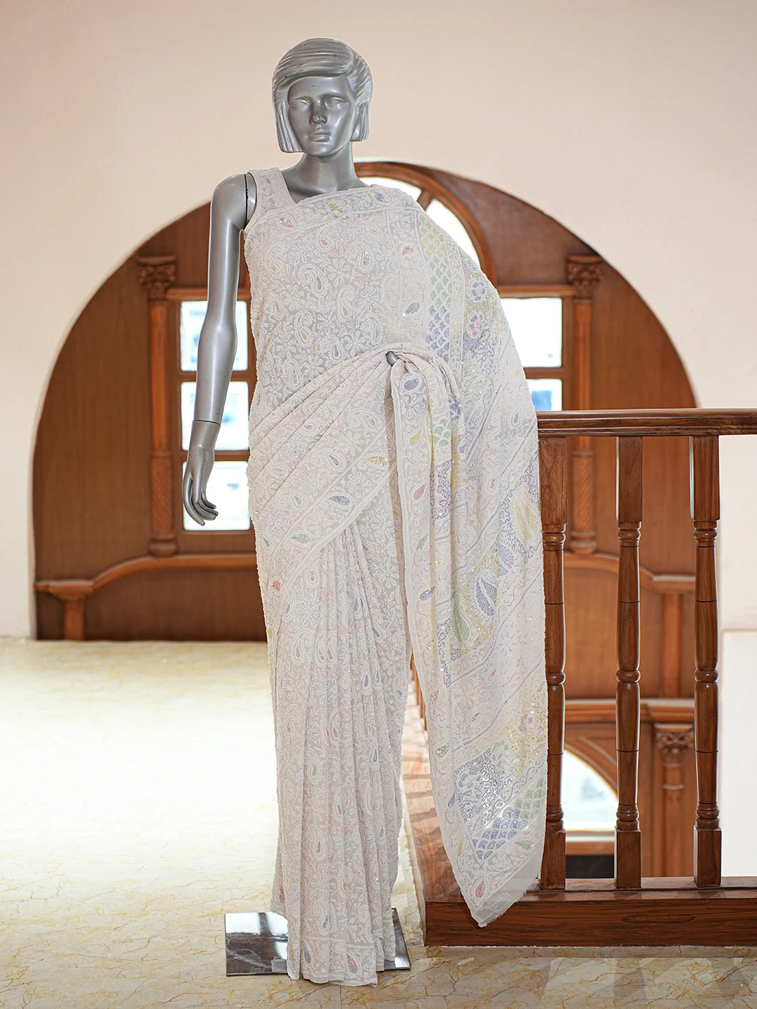 Ada Hand Embroidered White Pure Georgette Lucknowi Chikankari Saree and Blouse With Cutdana Work 01A741859