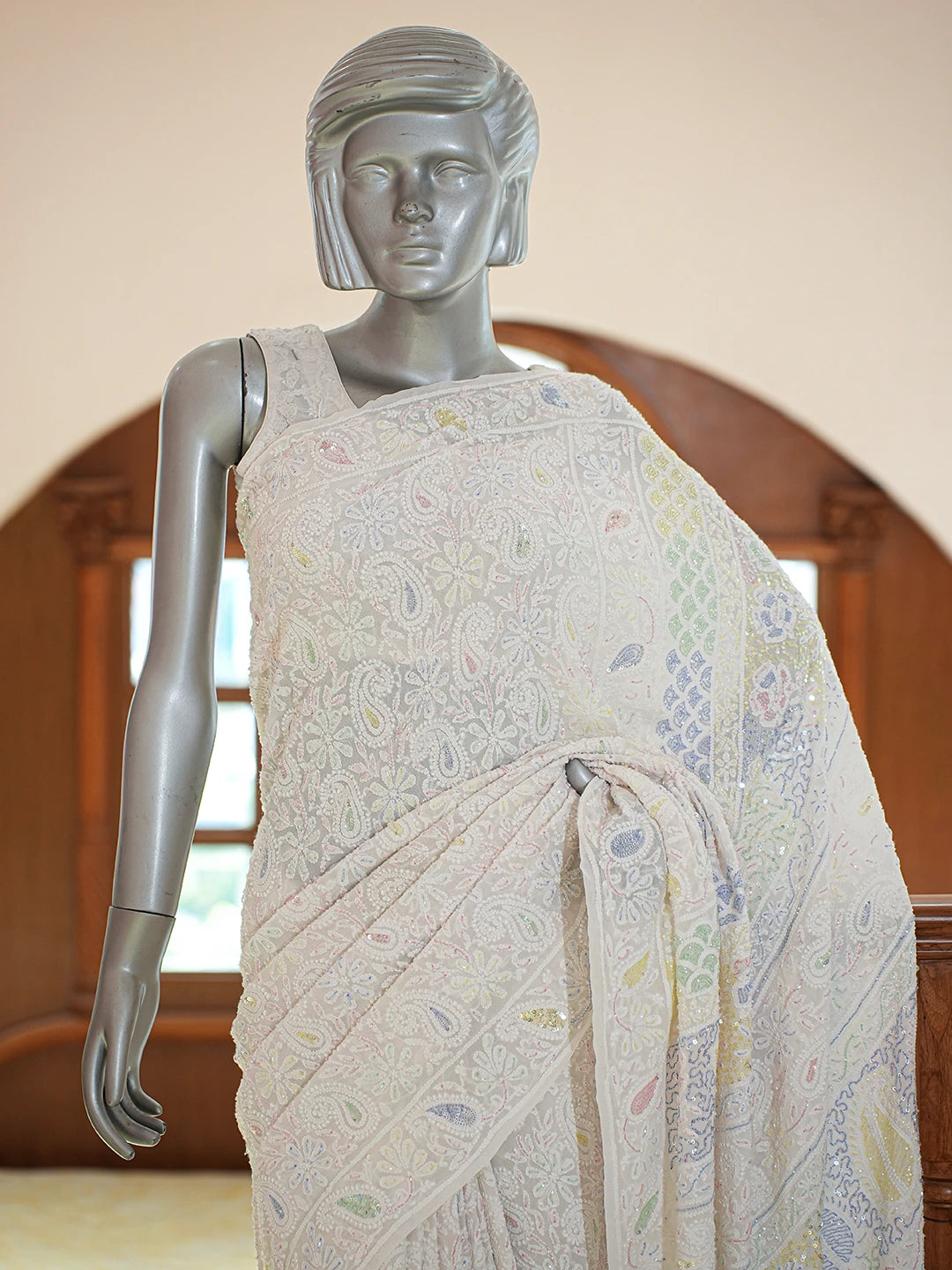 Ada Hand Embroidered White Pure Georgette Lucknowi Chikankari Saree and Blouse With Cutdana Work 01A741859