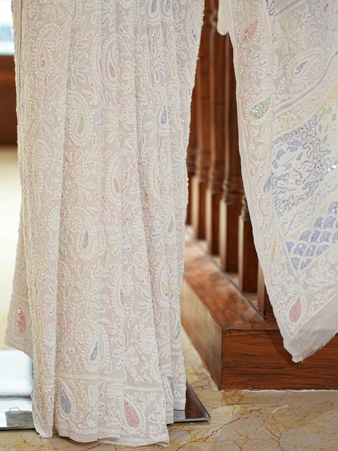 Ada Hand Embroidered White Pure Georgette Lucknowi Chikankari Saree and Blouse With Cutdana Work 01A741859
