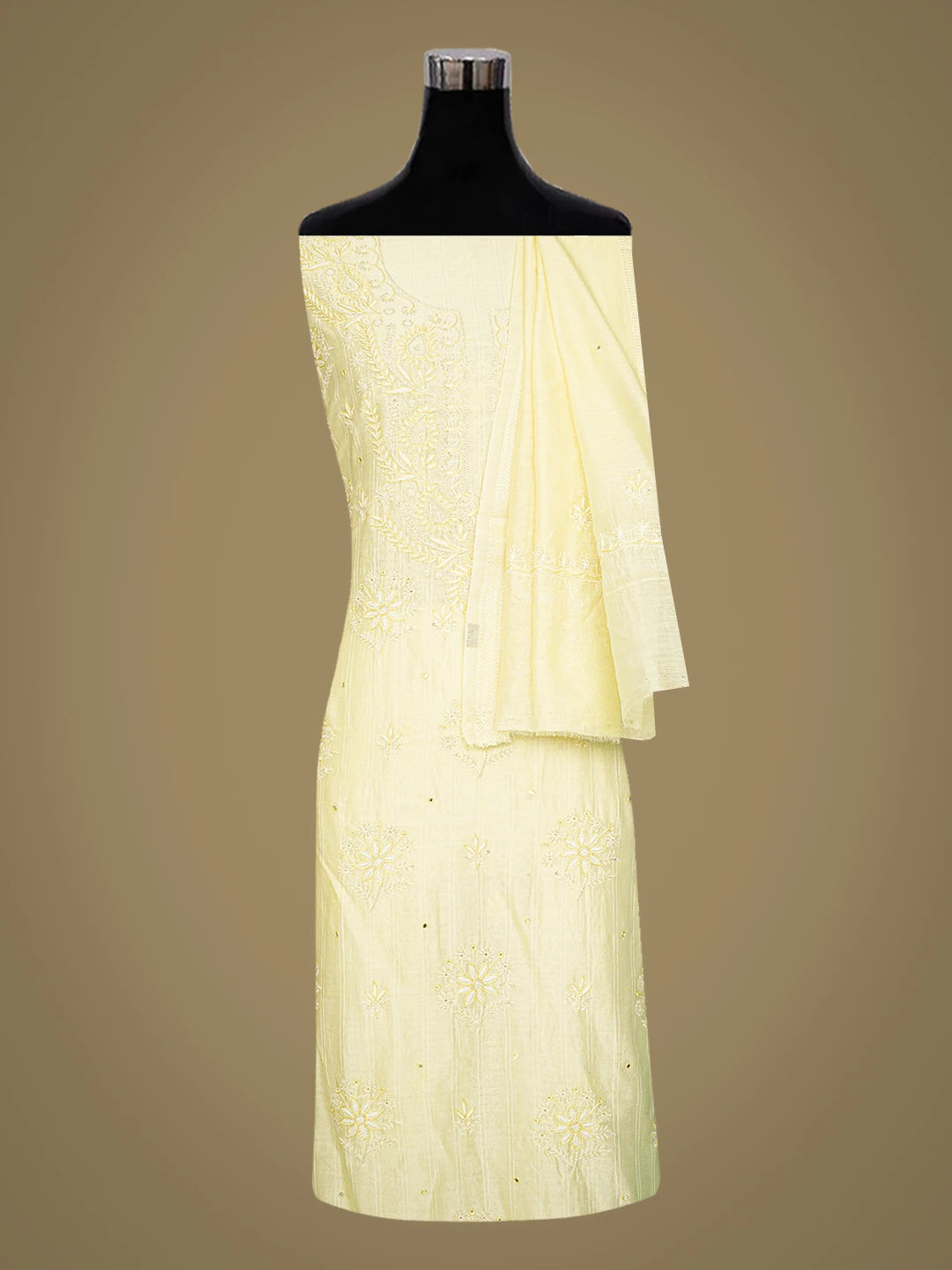 Ada Hand Embroidered Lemon Chanderi Lucknowi Chikankari Unstitched Kurta Dupatta Set With Cutdana Work 01A754287