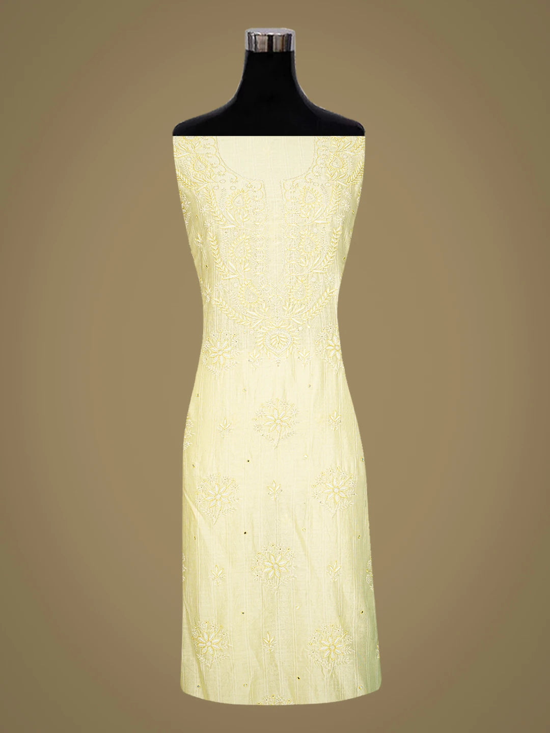Ada Hand Embroidered Lemon Chanderi Lucknowi Chikankari Unstitched Kurta Dupatta Set With Cutdana Work 01A754287