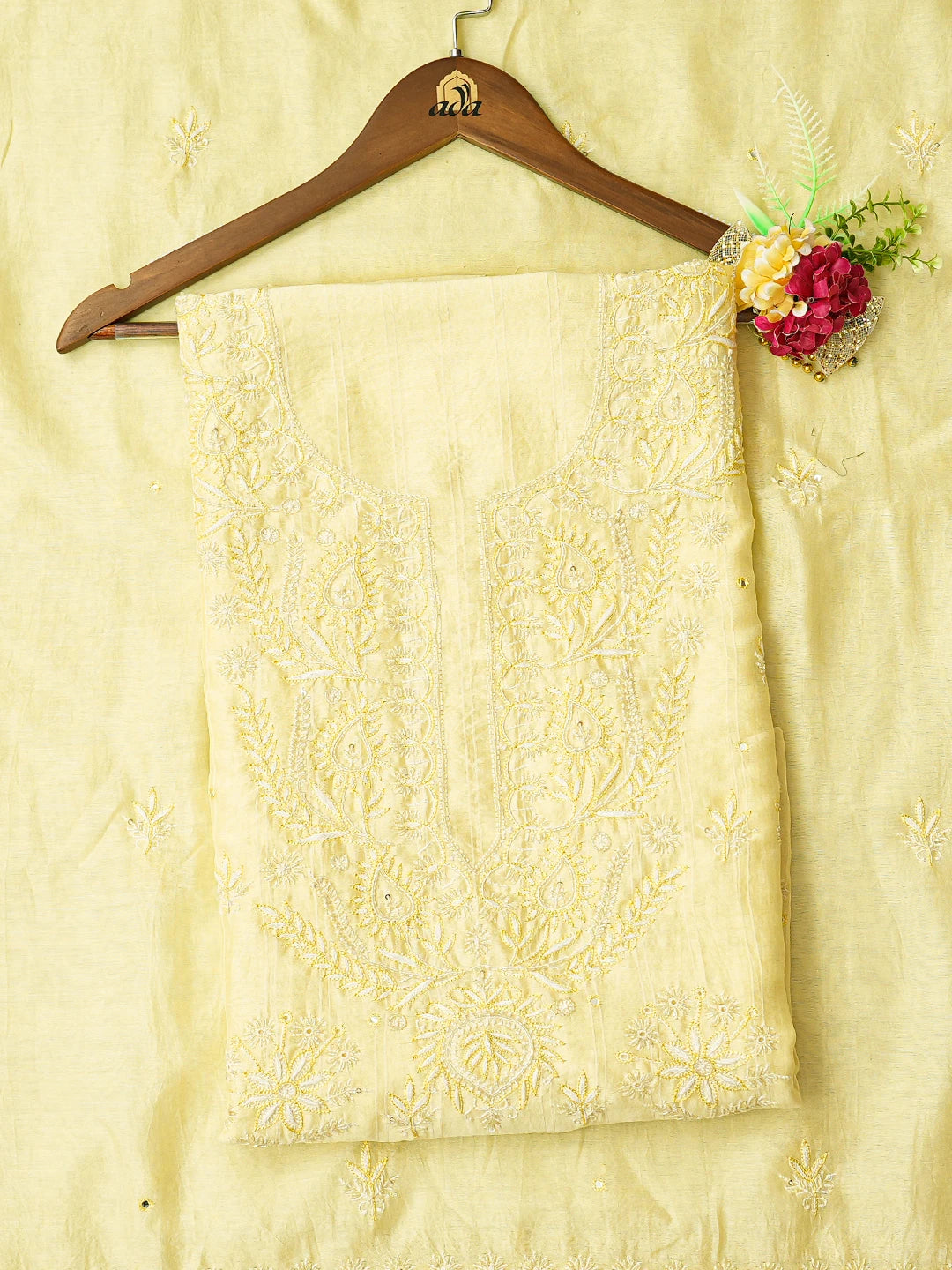 Ada Hand Embroidered Lemon Chanderi Lucknowi Chikankari Unstitched Kurta Dupatta Set With Cutdana Work 01A754287