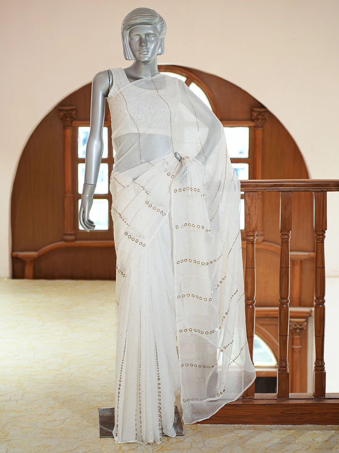 Ada Hand Embroidered White Chiffon Lucknowi Chikankari Saree and Blouse With Mukaish Work 01A726099