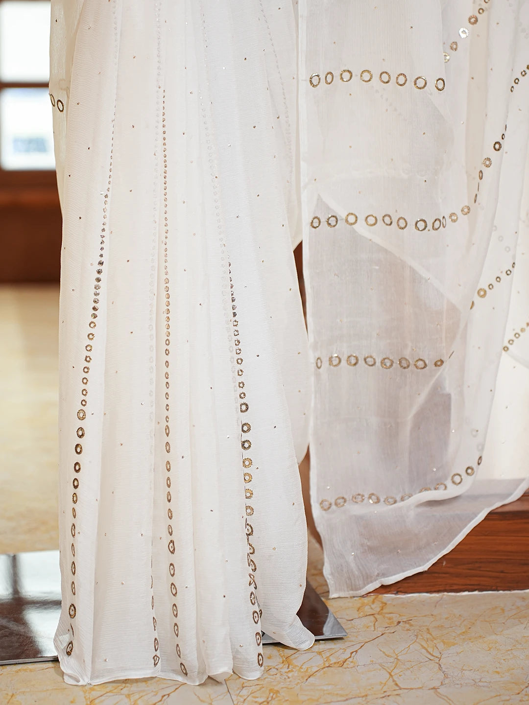 Ada Hand Embroidered White Chiffon Lucknowi Chikankari Saree and Blouse With Mukaish Work 01A726099