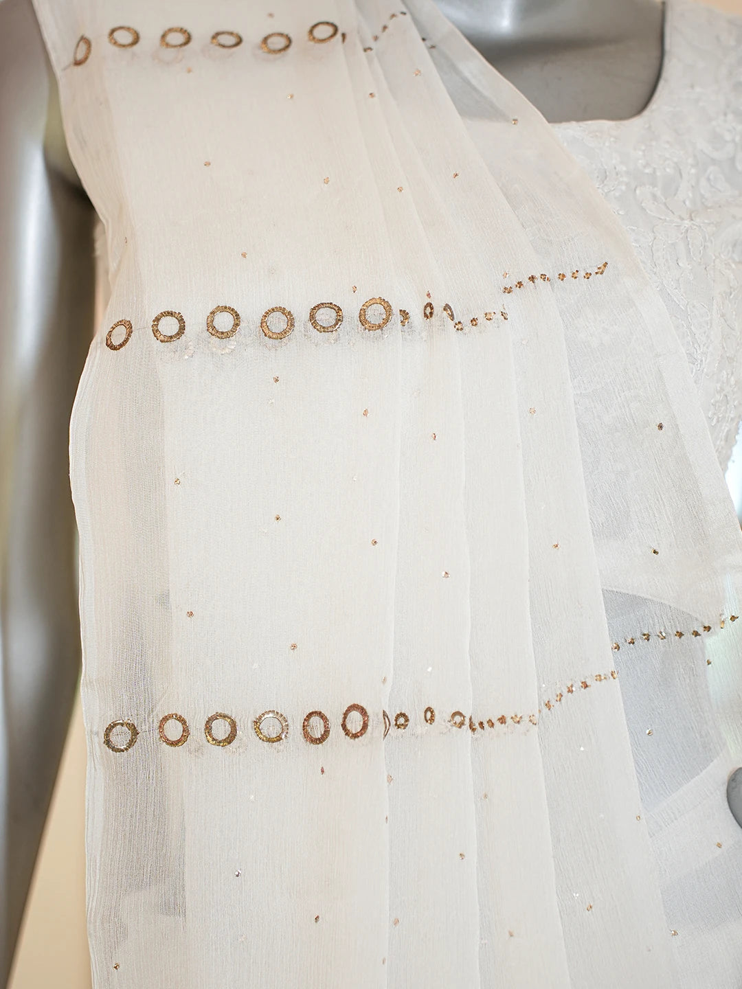 Ada Hand Embroidered White Chiffon Lucknowi Chikankari Saree and Blouse With Mukaish Work 01A726099