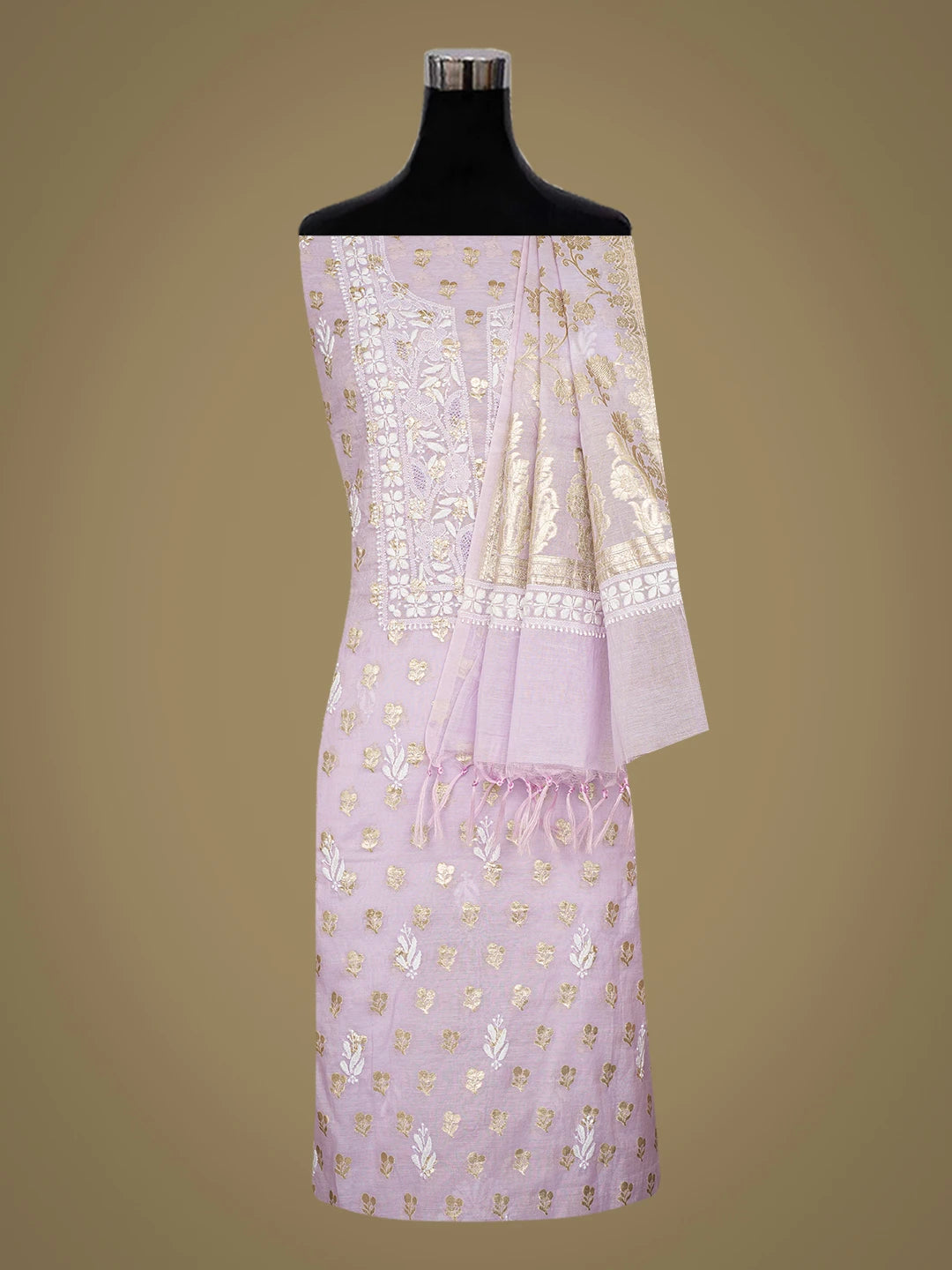 Ada Hand Embroidered Mauve Chanderi Lucknowi Chikankari Unstitched Kurta Dupatta Set 01A722396