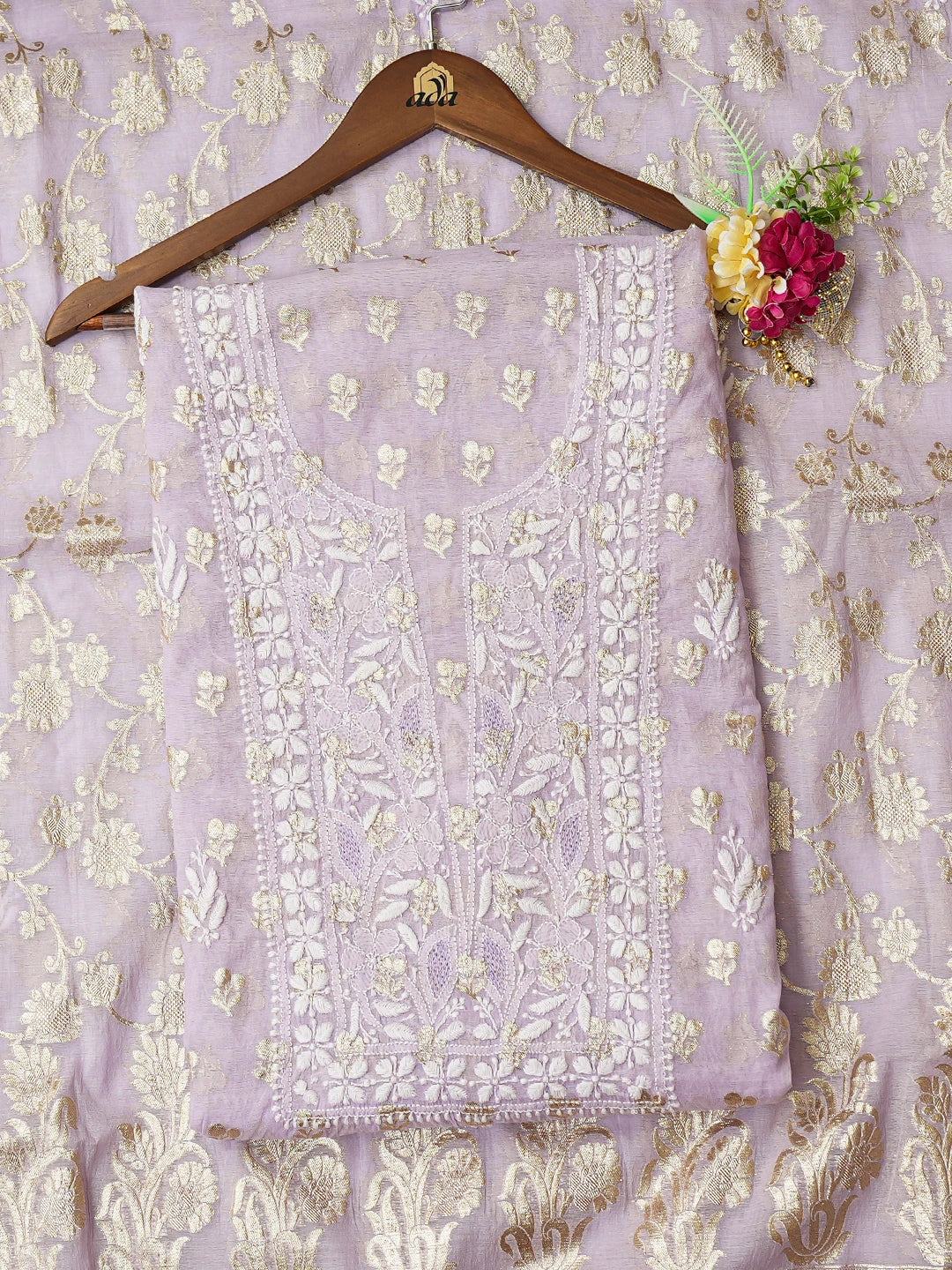 Ada Hand Embroidered Mauve Chanderi Lucknowi Chikankari Unstitched Kurta Dupatta Set 01A722396