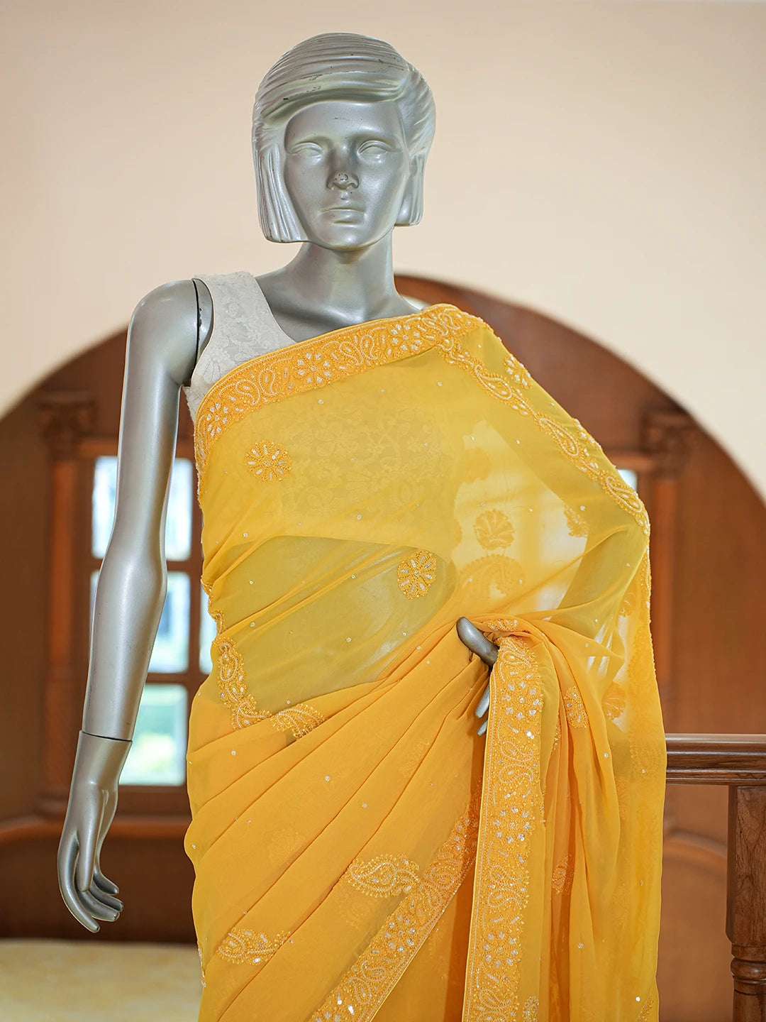 Ada Hand Embroidered Yellow Viscose Georgette Lucknowi Chikankari Saree and Blouse With Cutdana Work 01A670865