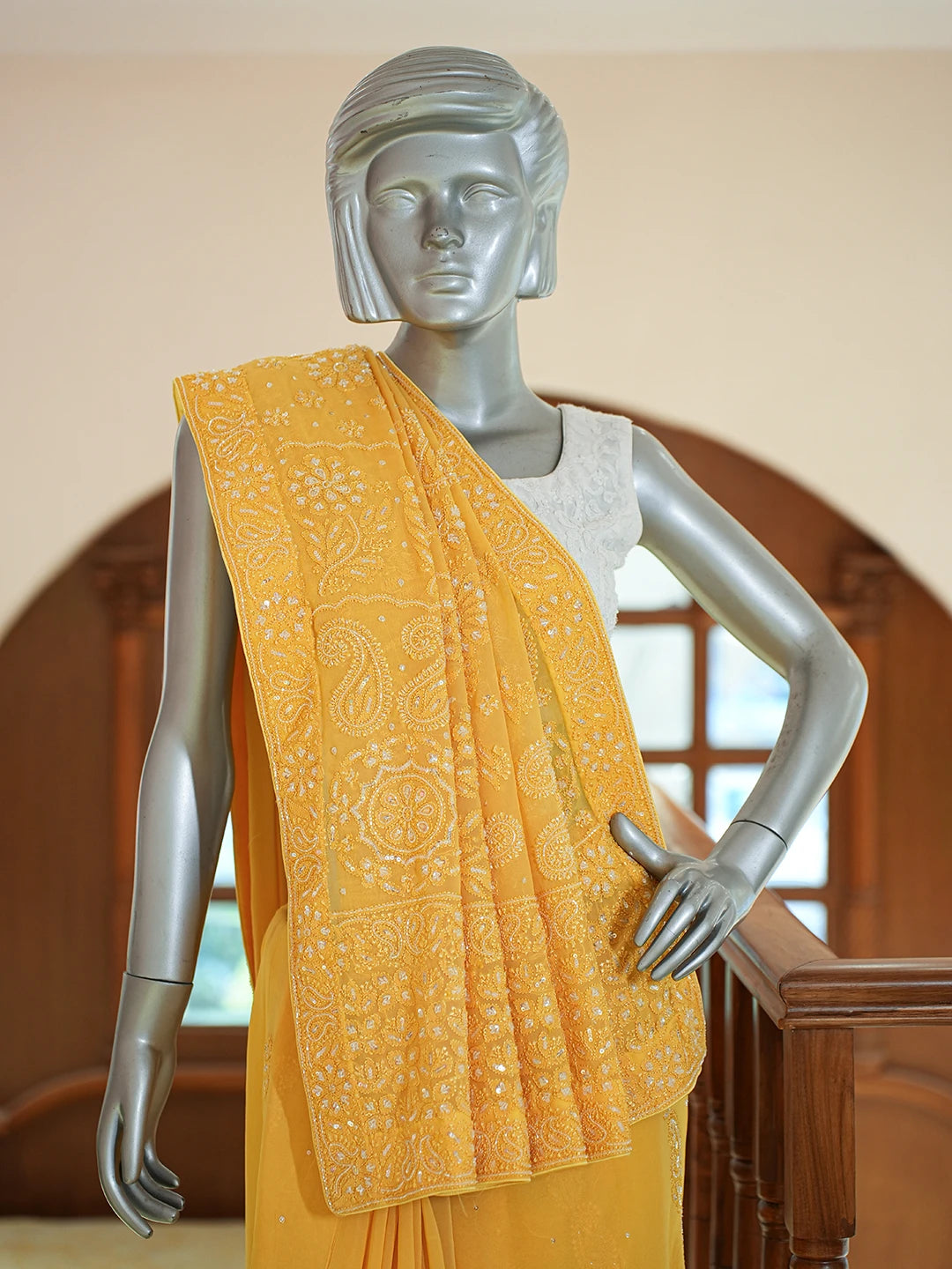 Ada Hand Embroidered Yellow Viscose Georgette Lucknowi Chikankari Saree and Blouse With Cutdana Work 01A670865