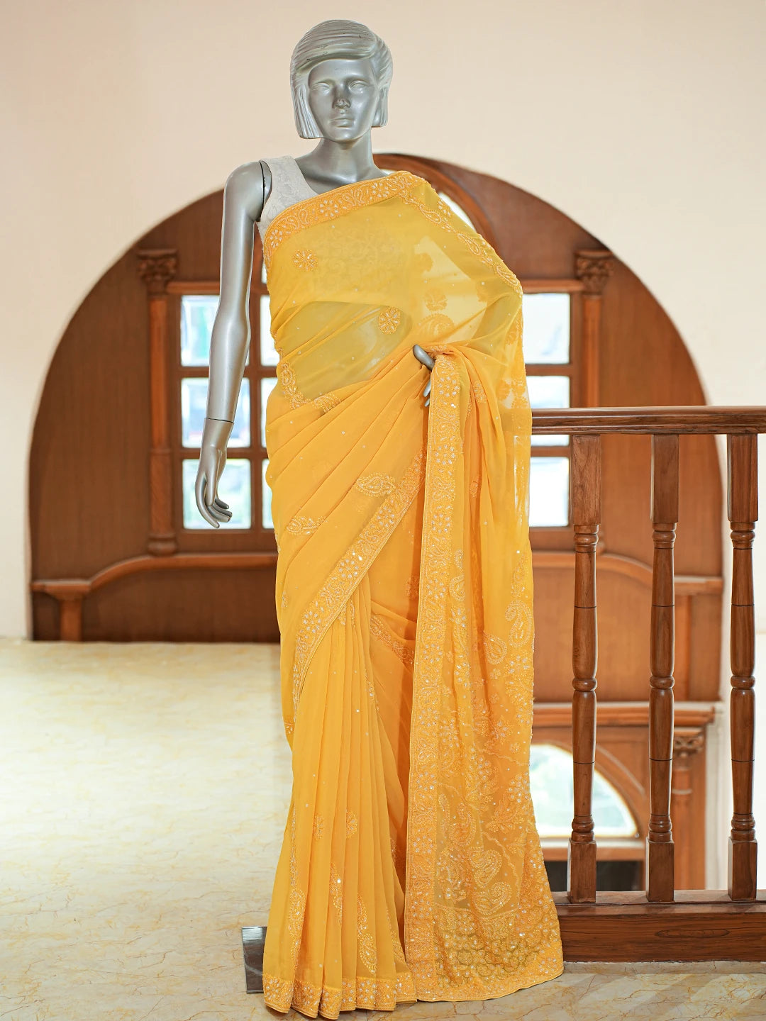 Ada Hand Embroidered Yellow Viscose Georgette Lucknowi Chikankari Saree and Blouse With Cutdana Work 01A670865