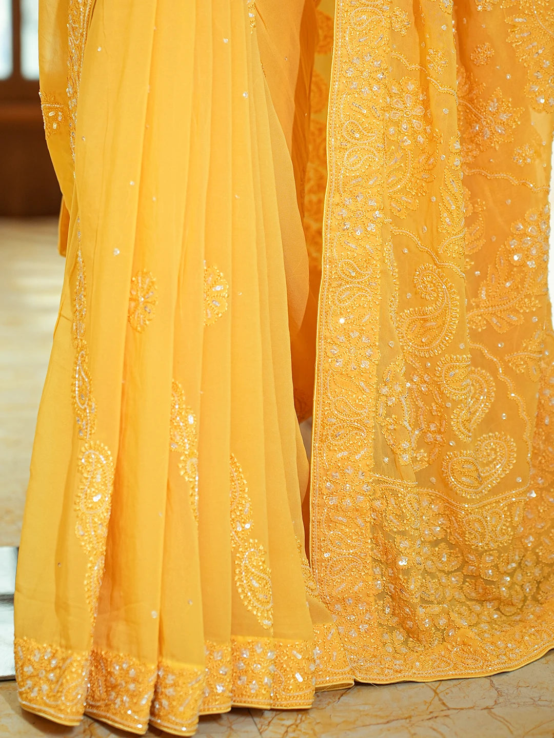 Ada Hand Embroidered Yellow Viscose Georgette Lucknowi Chikankari Saree and Blouse With Cutdana Work 01A670865