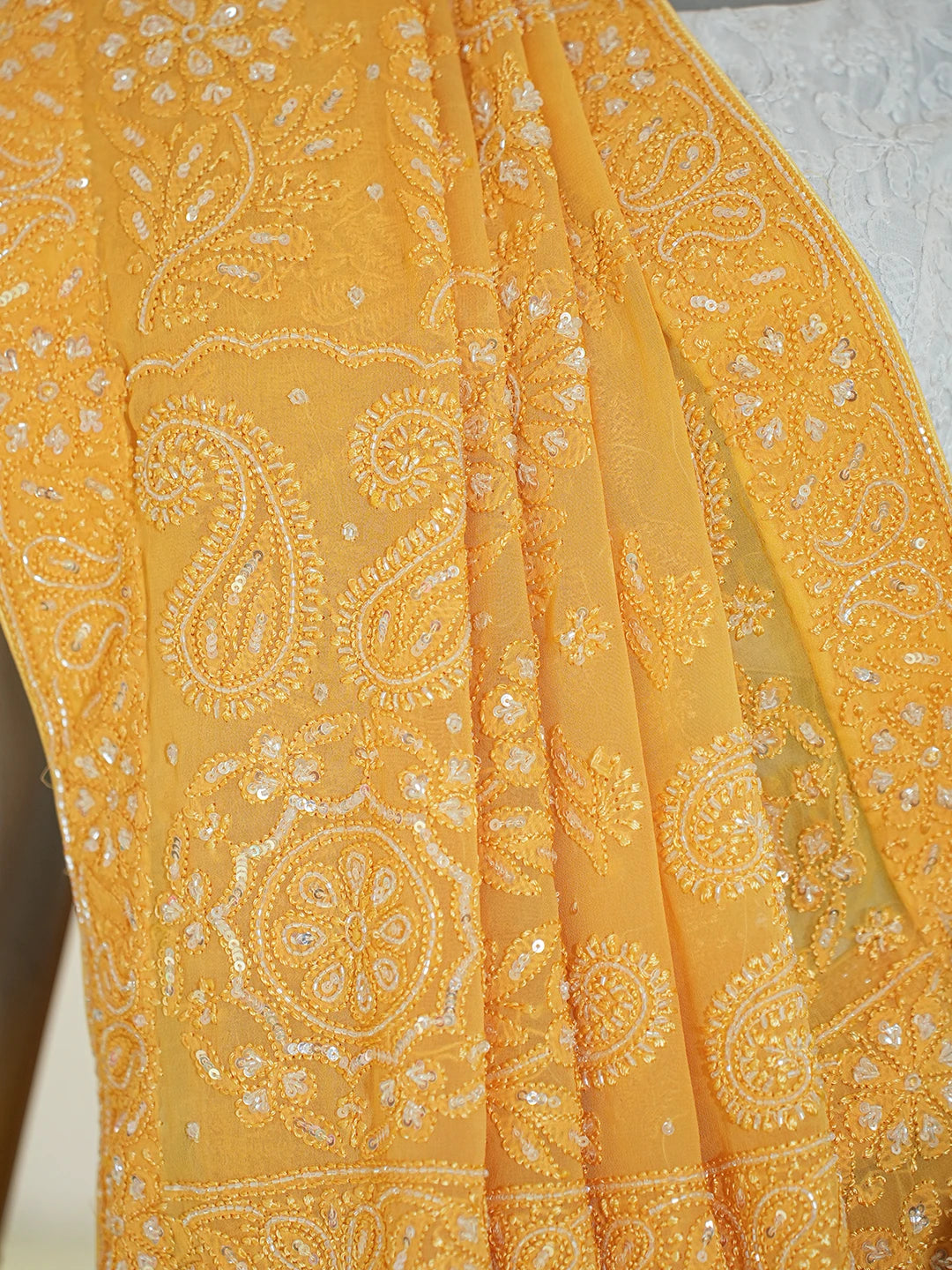Ada Hand Embroidered Yellow Viscose Georgette Lucknowi Chikankari Saree and Blouse With Cutdana Work 01A670865