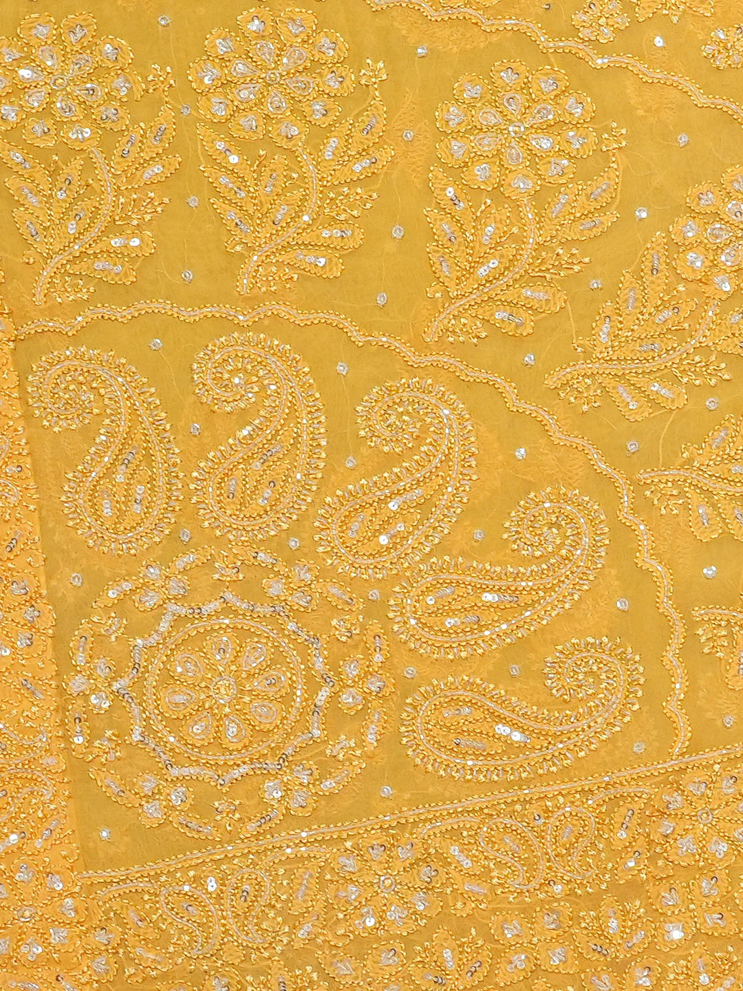 Ada Hand Embroidered Yellow Viscose Georgette Lucknowi Chikankari Saree and Blouse With Cutdana Work 01A670865