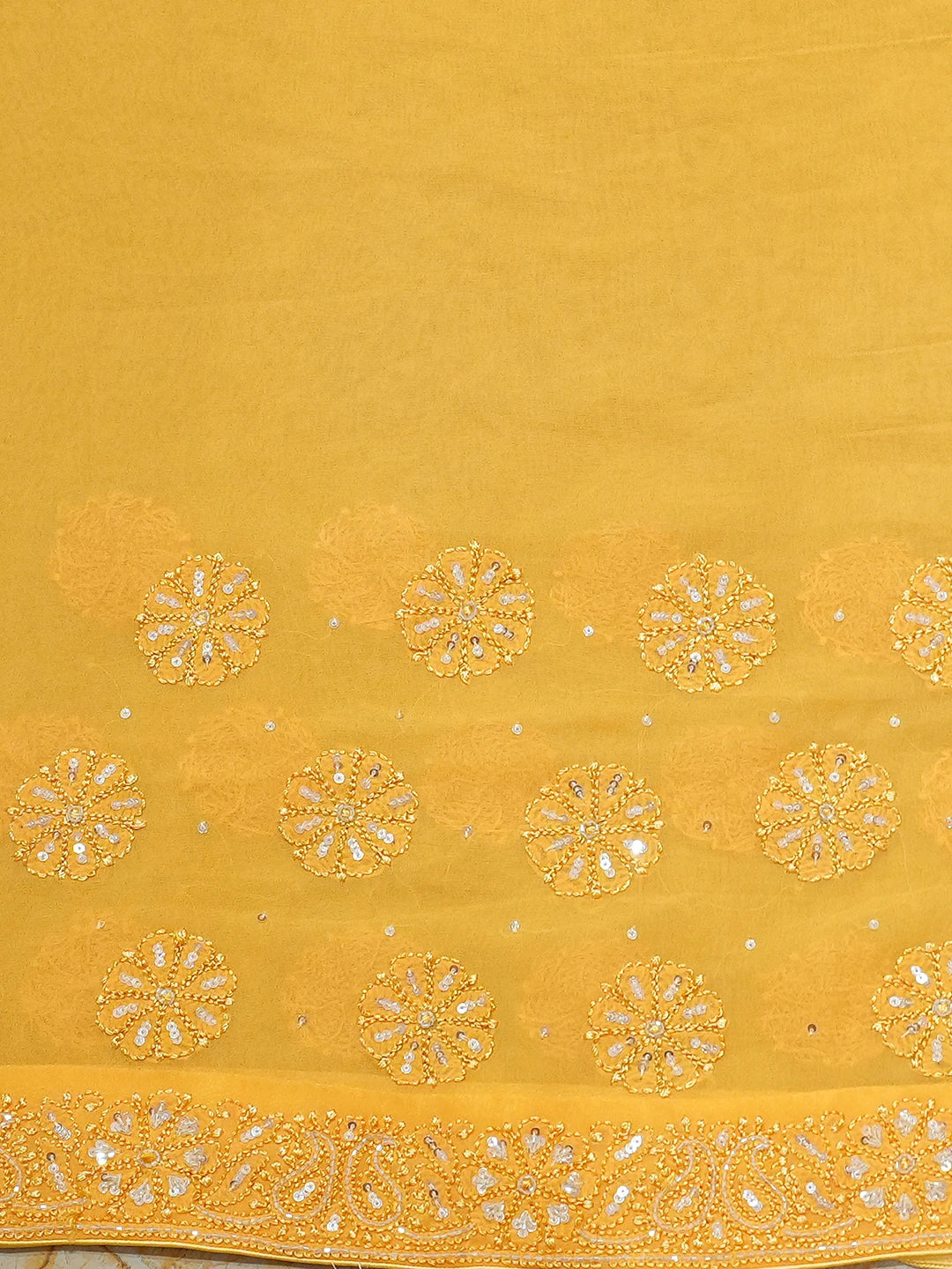 Ada Hand Embroidered Yellow Viscose Georgette Lucknowi Chikankari Saree and Blouse With Cutdana Work 01A670865