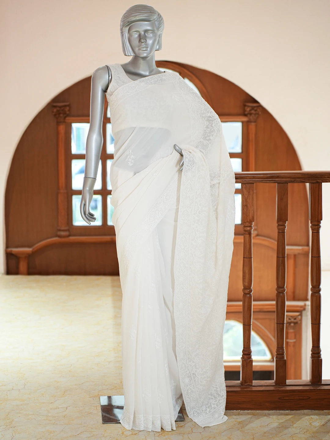 Ada Hand Embroidered White Pure Georgette Lucknowi Chikankari Saree and Blouse 01A685387