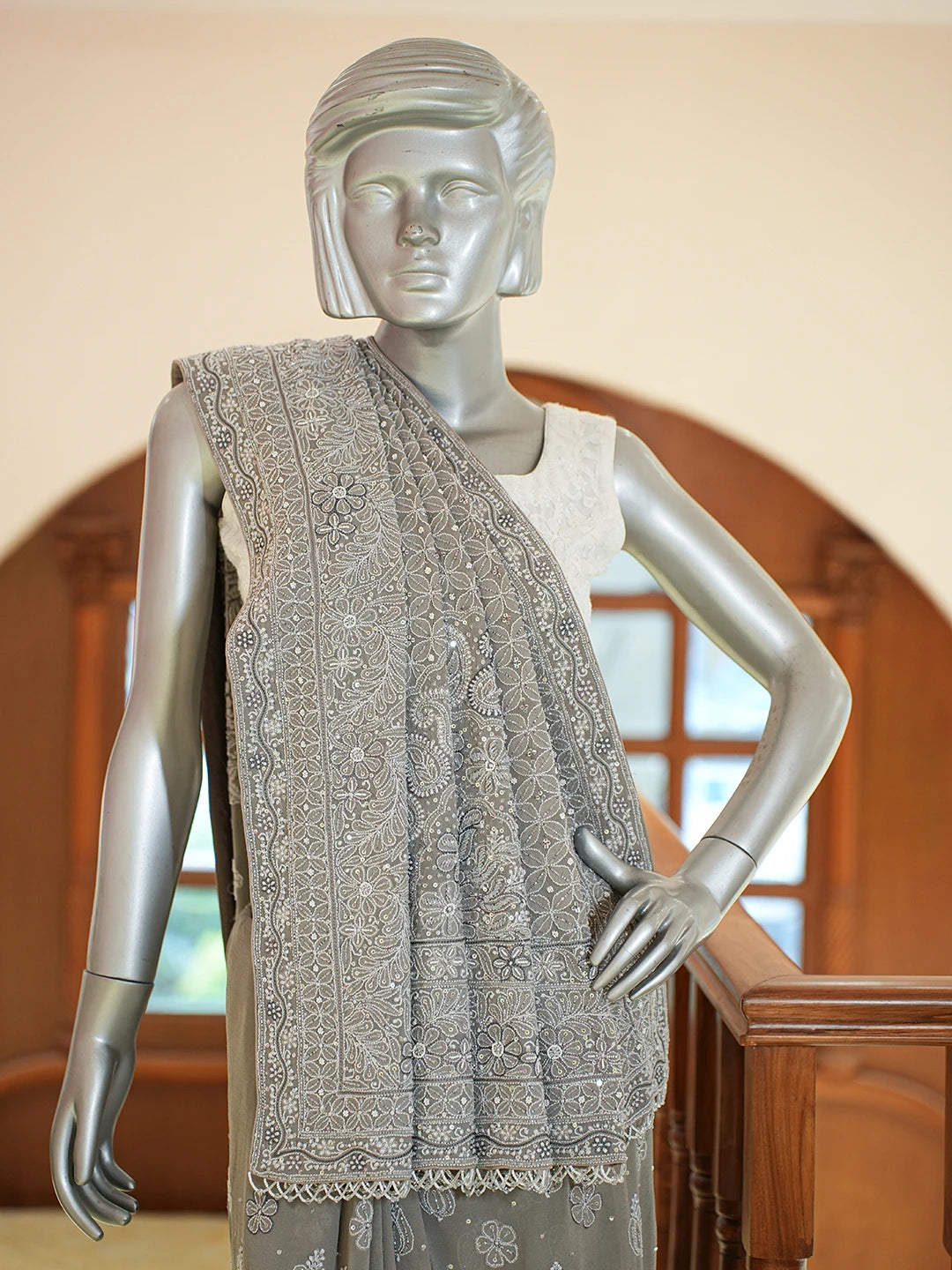 Ada Hand Embroidered Grey Pure Georgette Lucknowi Chikankari Saree and Blouse With Cutdana Work 01A567455