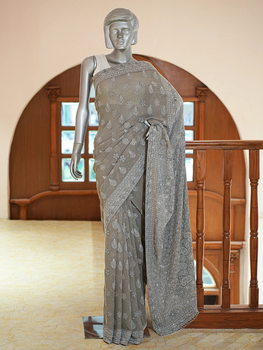 Ada Hand Embroidered Grey Pure Georgette Lucknowi Chikankari Saree and Blouse With Cutdana Work 01A567455