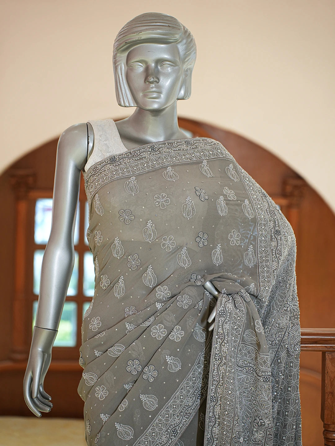 Ada Hand Embroidered Grey Pure Georgette Lucknowi Chikankari Saree and Blouse With Cutdana Work 01A567455