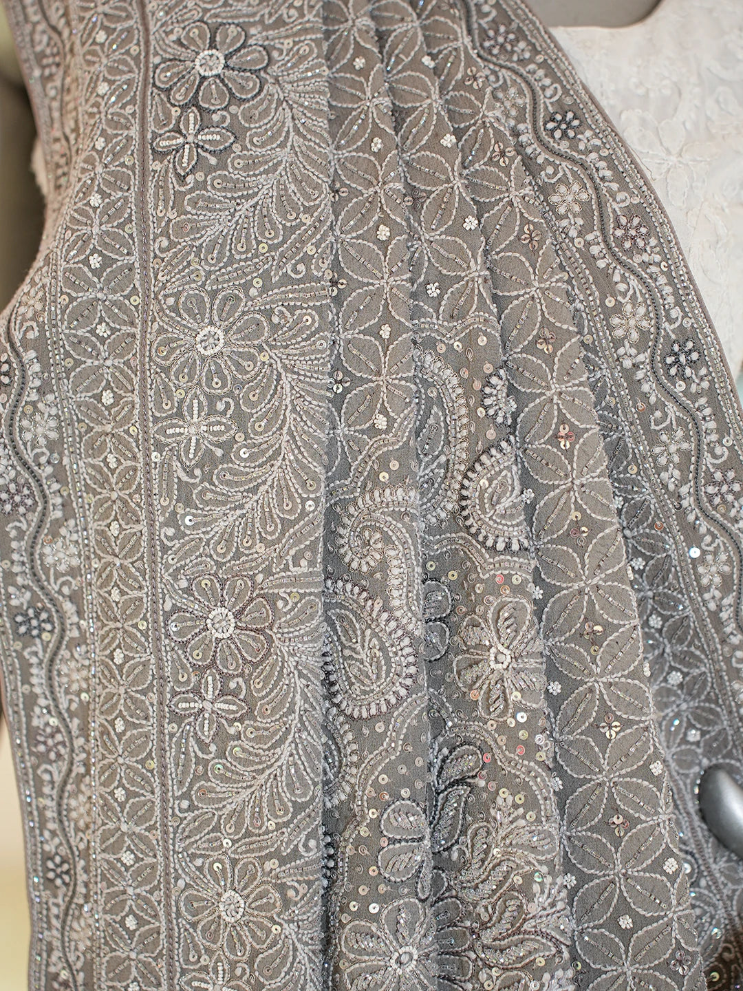 Ada Hand Embroidered Grey Pure Georgette Lucknowi Chikankari Saree and Blouse With Cutdana Work 01A567455