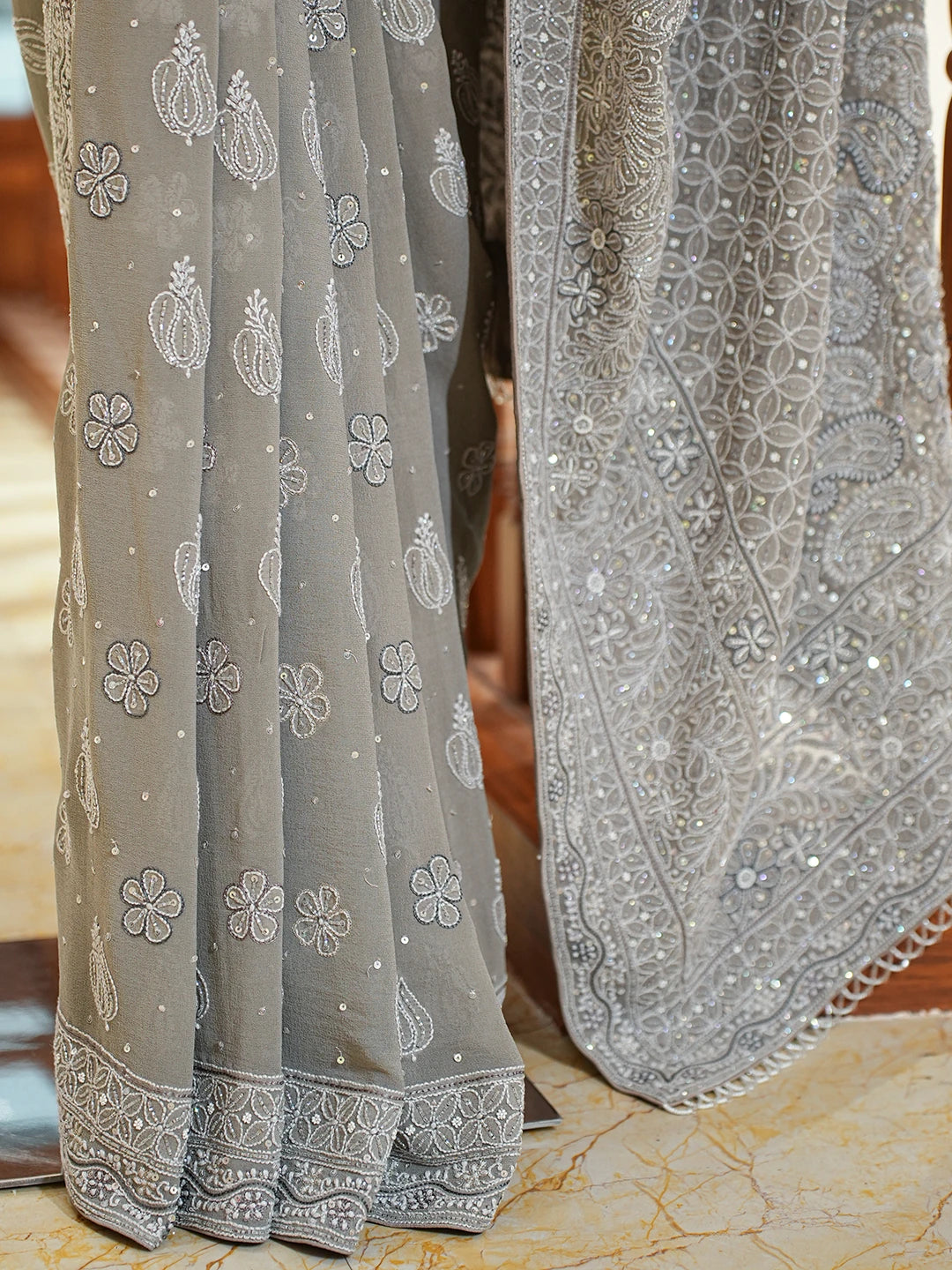 Ada Hand Embroidered Grey Pure Georgette Lucknowi Chikankari Saree and Blouse With Cutdana Work 01A567455