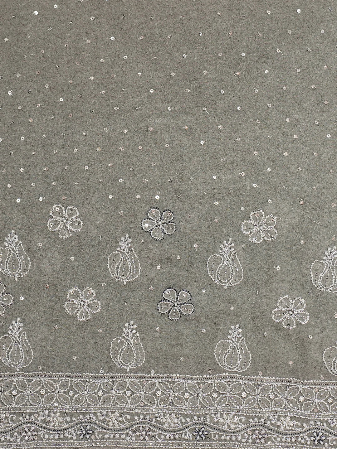 Ada Hand Embroidered Grey Pure Georgette Lucknowi Chikankari Saree and Blouse With Cutdana Work 01A567455