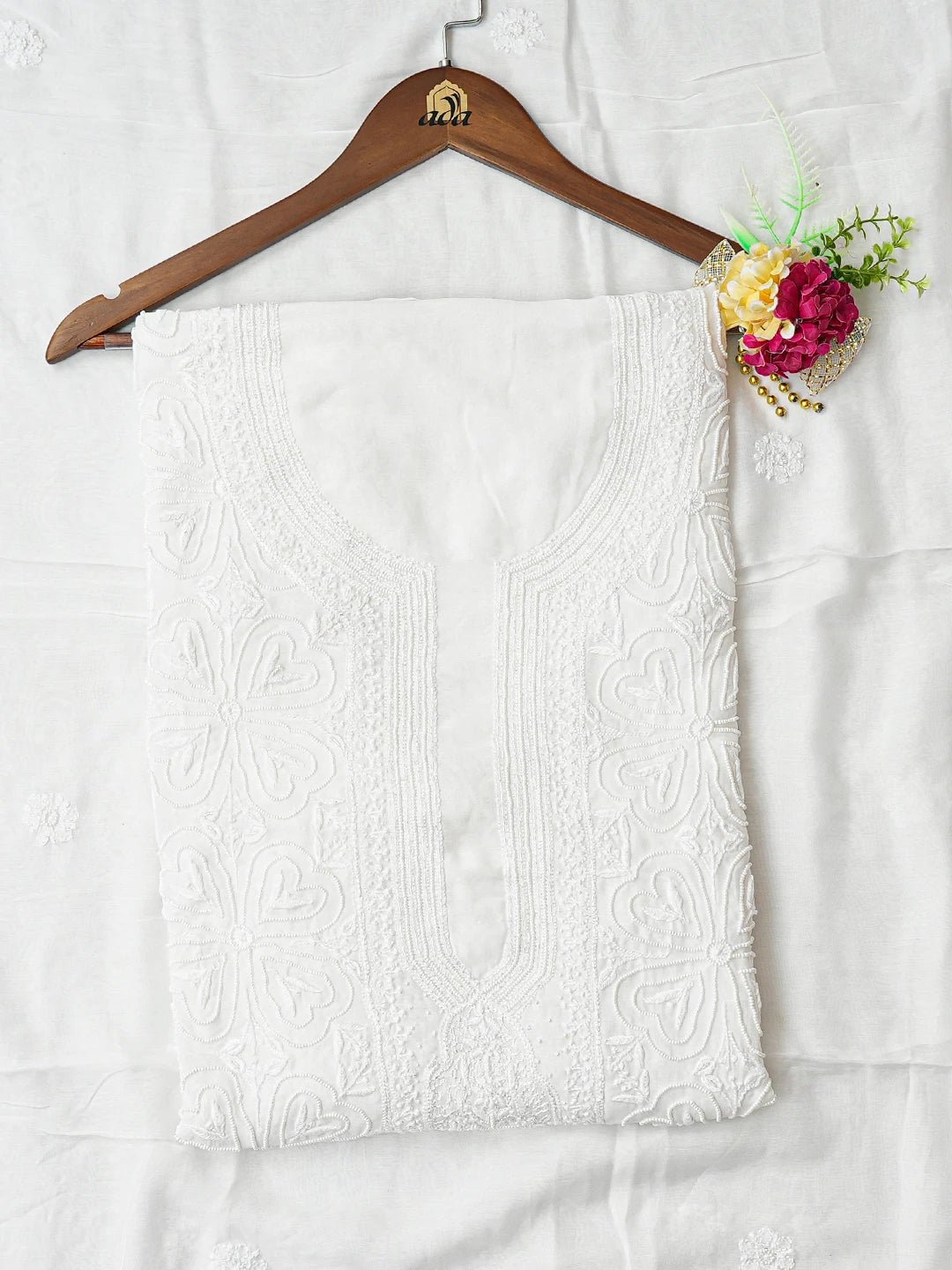 Ada Hand Embroidered White Muslin Lucknowi Chikankari Unstitched Kurta Dupatta Set With Pearl Work 01A757903