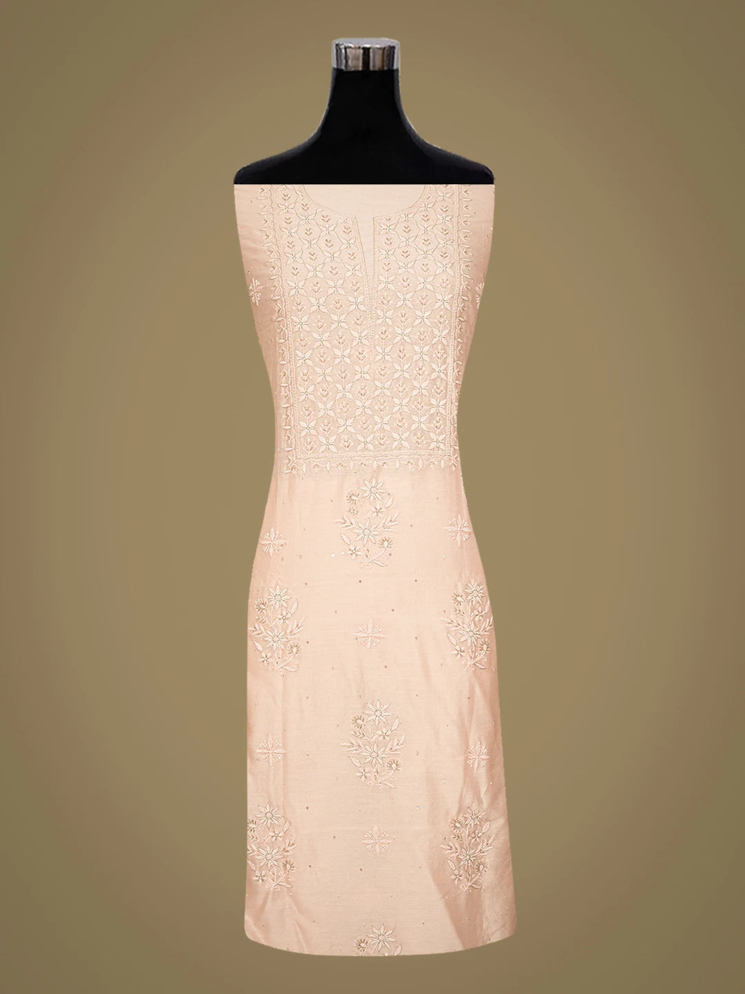 Ada Hand Embroidered Peach Chanderi Lucknowi Chikankari Unstitched Kurta Dupatta Set With Cutdana Work 01A741644