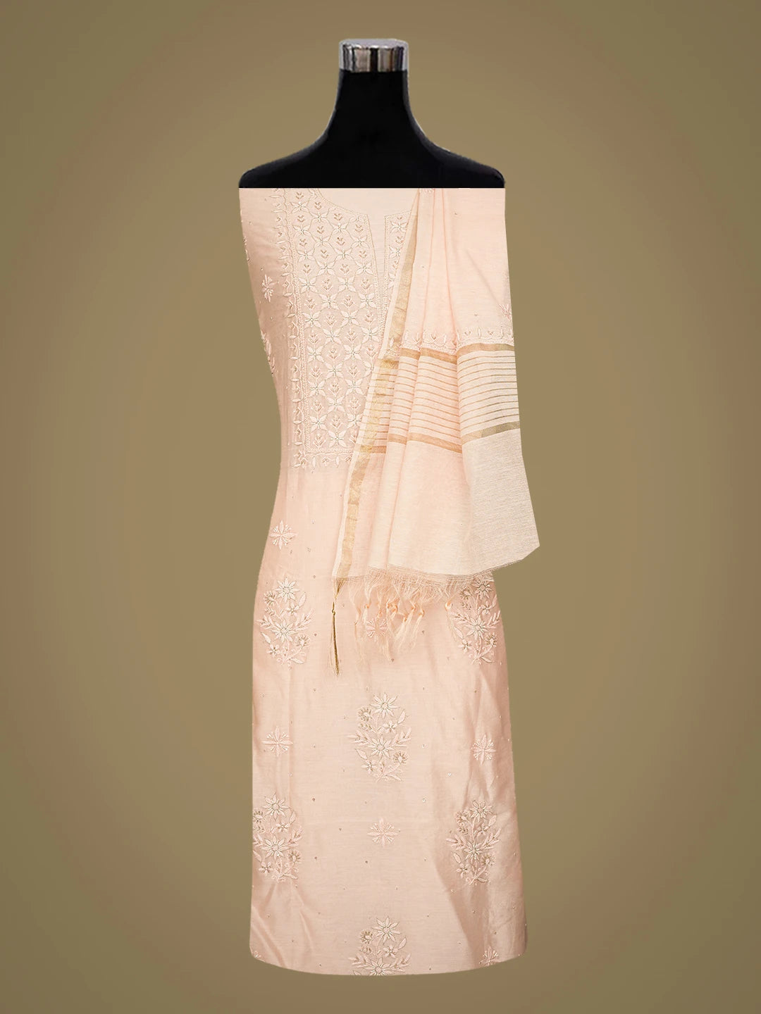 Ada Hand Embroidered Peach Chanderi Lucknowi Chikankari Unstitched Kurta Dupatta Set With Cutdana Work 01A741644