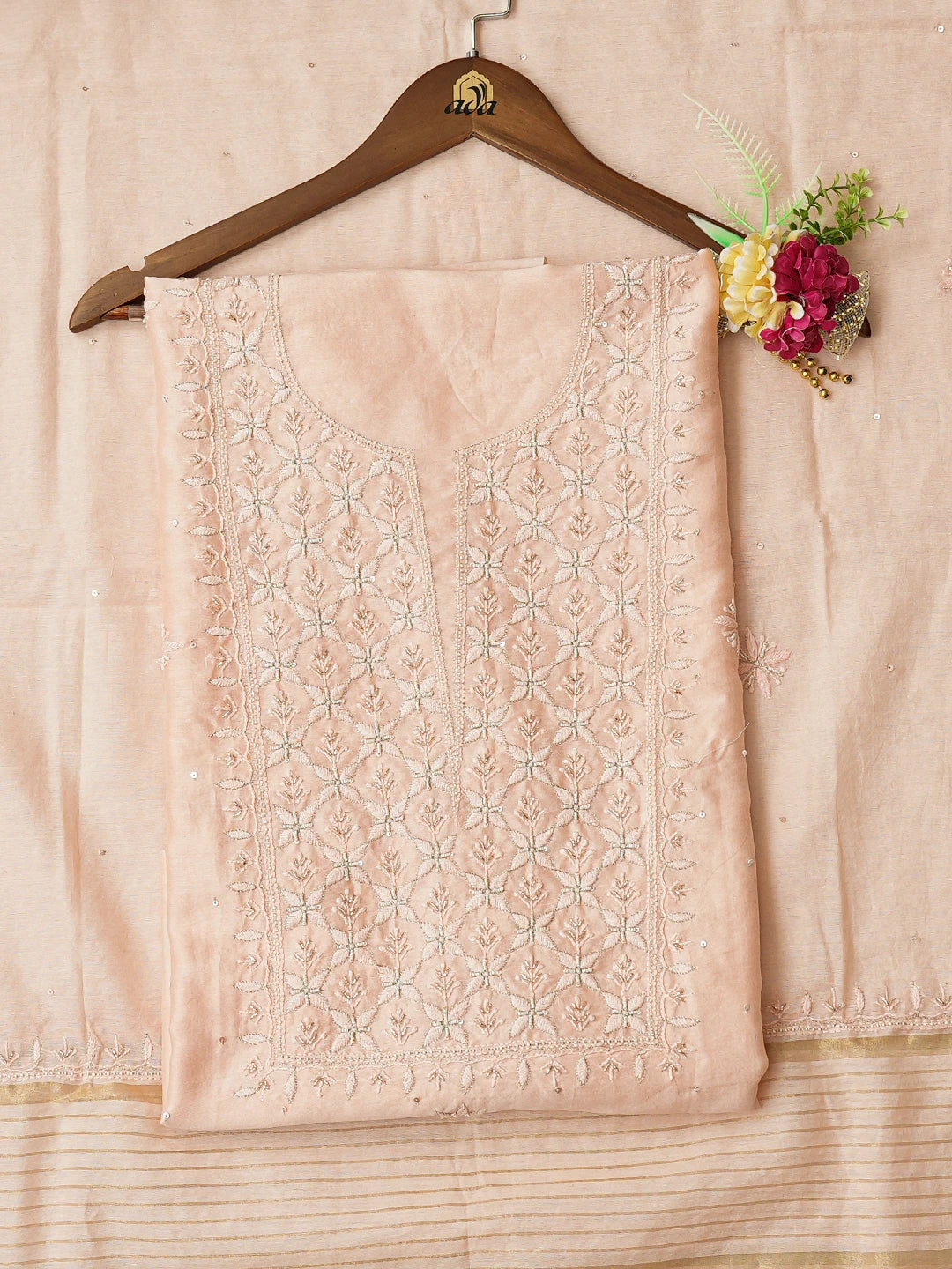 Ada Hand Embroidered Peach Chanderi Lucknowi Chikankari Unstitched Kurta Dupatta Set With Cutdana Work 01A741644