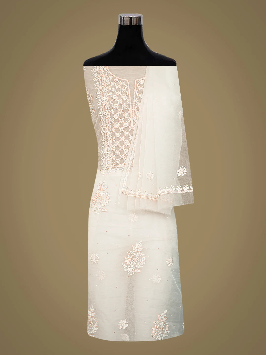 Ada Hand Embroidered White Organza Lucknowi Chikankari Unstitched Kurta Dupatta Set With Cutdana Work 01A742228