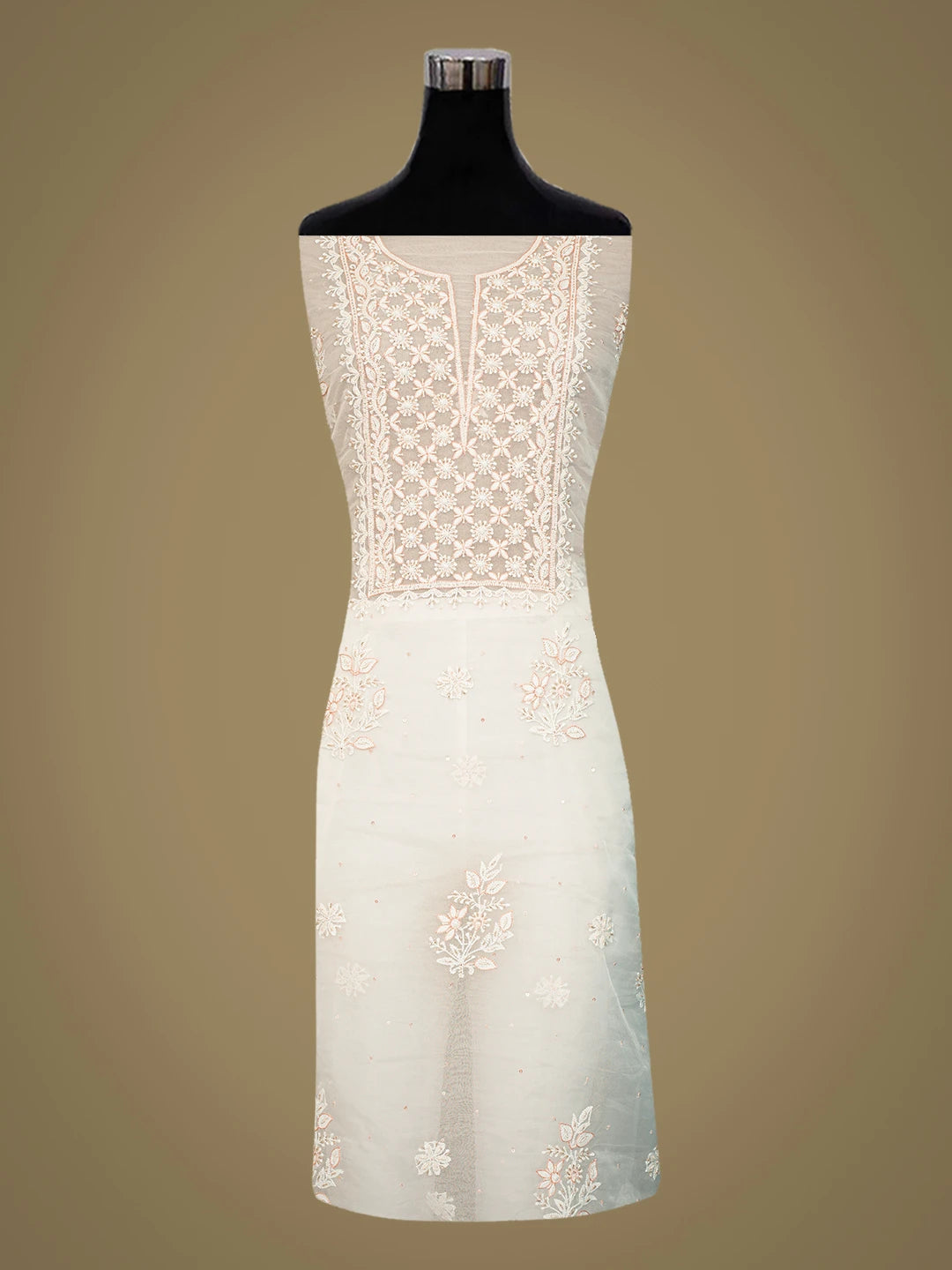 Ada Hand Embroidered White Organza Lucknowi Chikankari Unstitched Kurta Dupatta Set With Cutdana Work 01A742228