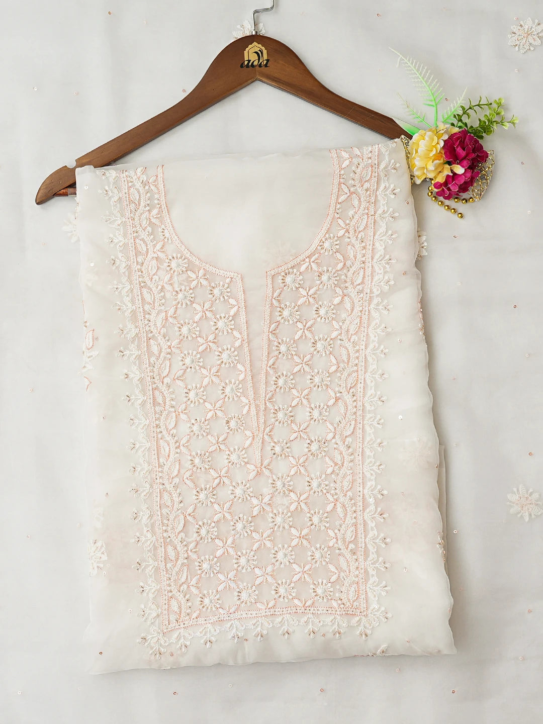 Ada Hand Embroidered White Organza Lucknowi Chikankari Unstitched Kurta Dupatta Set With Cutdana Work 01A742228