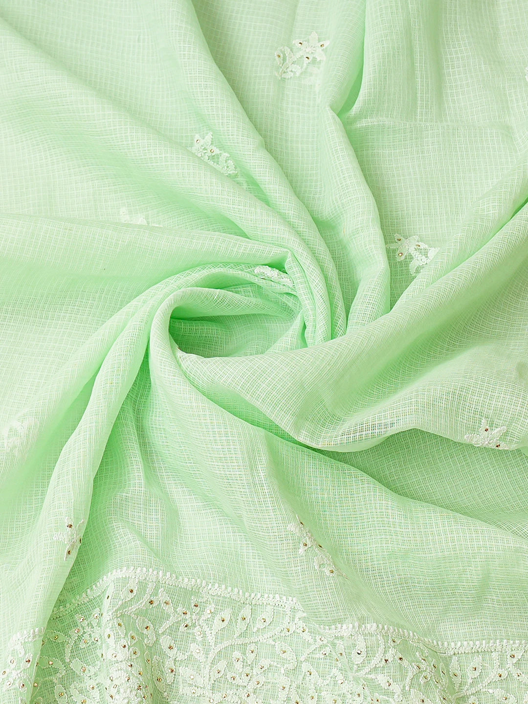 Ada Hand Embroidered Green Kota Lucknowi Chikankari Unstitched Kurta Dupatta Set With Mukaish Work 01A565388