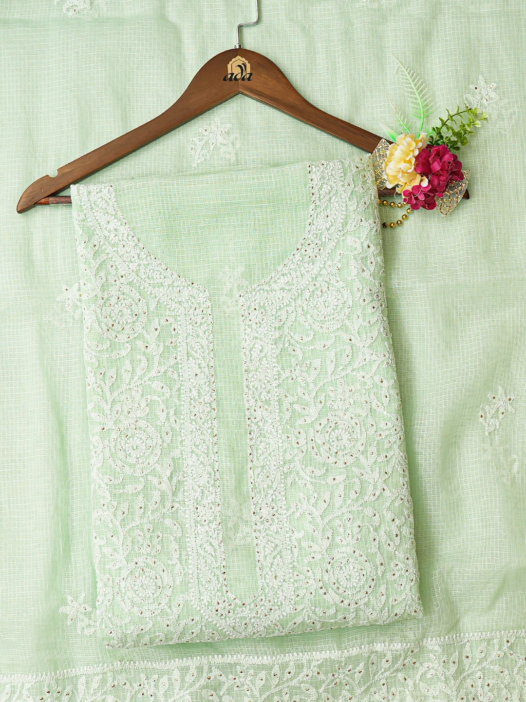 Ada Hand Embroidered Green Kota Lucknowi Chikankari Unstitched Kurta Dupatta Set With Mukaish Work 01A565388