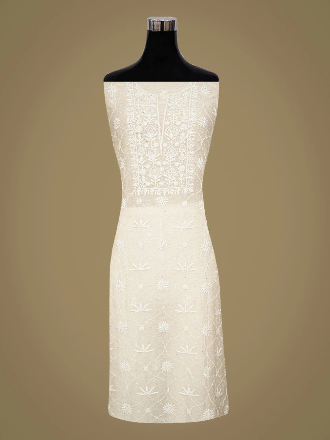 Ada Hand Embroidered Ivory White Chanderi Lucknowi Chikankari Unstitched Kurta Dupatta Set With Pearl Work 01A758605