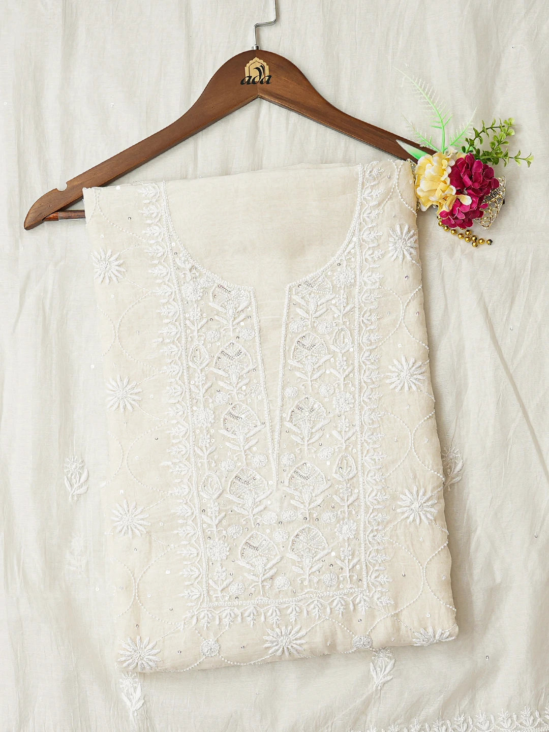 Ada Hand Embroidered Ivory White Chanderi Lucknowi Chikankari Unstitched Kurta Dupatta Set With Pearl Work 01A758605